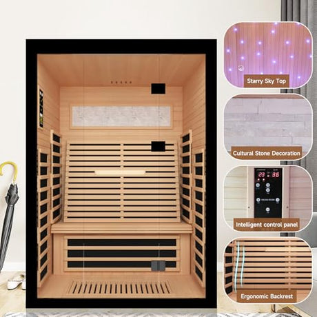 OUTEXER 2 Person Infrared Sauna Room Far Infrared Saunas Home Canadian Hemlock Indoor 2100W Low-EMF Dry Saunas with Oxygen Bar 7 Color Therapy 53.1 * 47.2 * 74.8inch OUTEXER