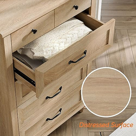 WAMPAT Small Dresser for Bedroom with 5 Drawers & Solid Wood Legs, Mid Century Modern Chest of Drawers Vertical Dresser Storage Organizer, Farmhouse WAMPAT