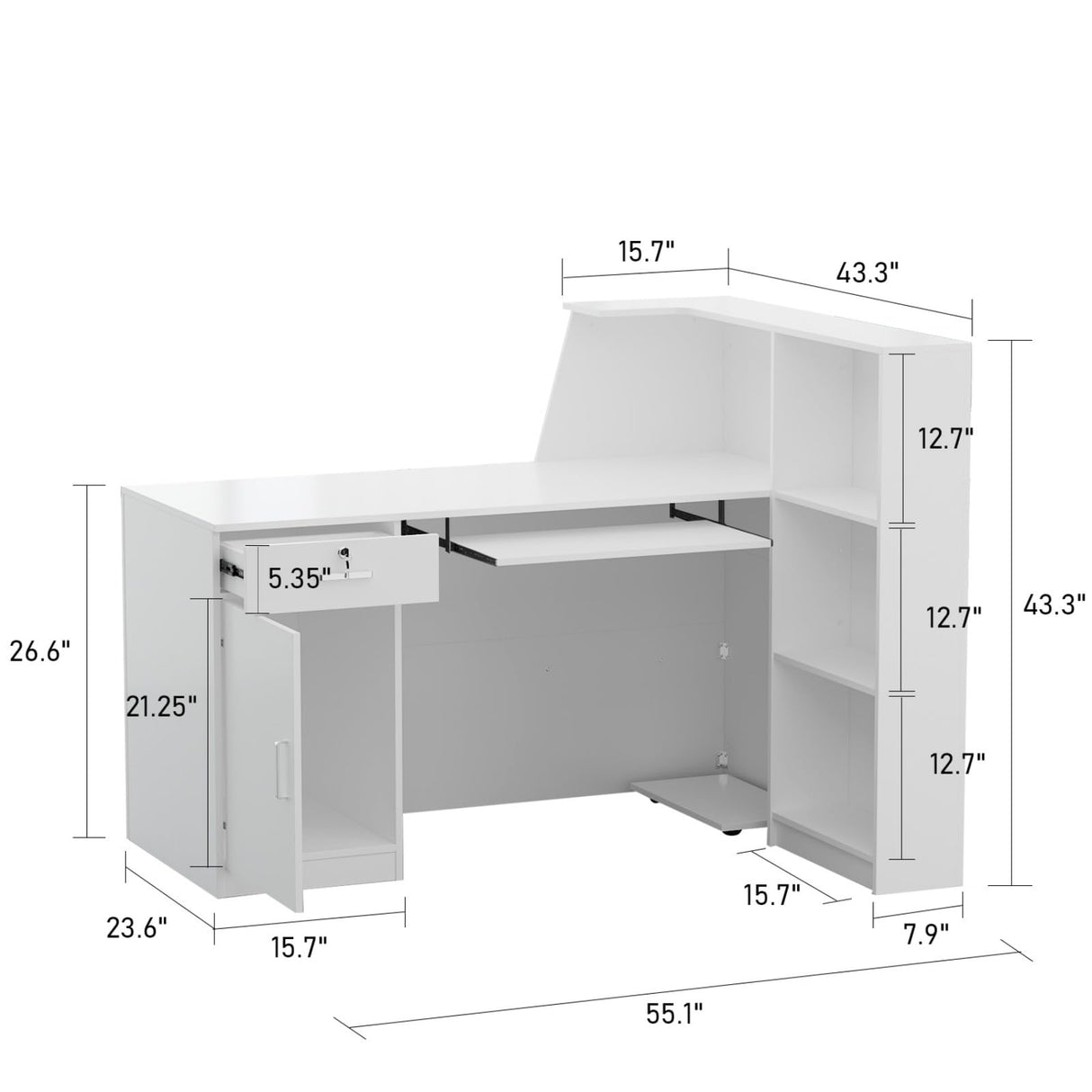 TAMUNE L-Shaped Reception Desk Counter Desk for Retail & Checkout, Modern Front Counter Table, Black Tapes, for Office Lobby White 39.4" D x 55.1”W x 43.3”H TAMUNE