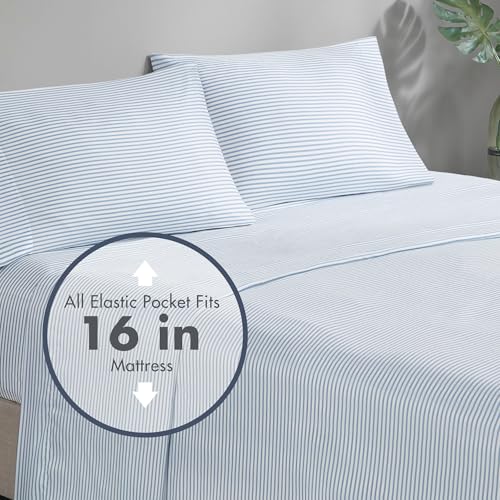 Madison Park Essentials Jaxon Bed in a Bag Comforter Set with Sheet, Printed Stripe Design, Modern All Season Bedding and Matching Sham, Queen Blue/Grey 7 Piece Madison Park