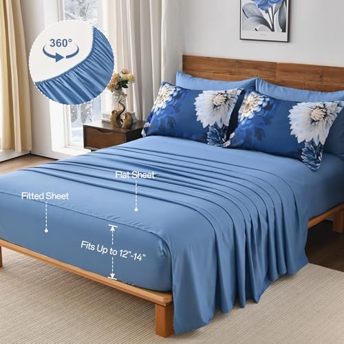 DJY Comforter Set Queen Size, 7 Piece Grey Blue Floral Comforter Set with Sheets Elegant Flower Print Bed in a Bag Soft Microfiber Complete Bedding Set for All Season DJY