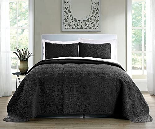 Pure Bedding Quilt Set Full/Queen Size Black - Oversized Bedspread - Soft Microfiber Lightweight Coverlet for All Season - 3 Piece Includes 1 Quilt and 2 Shams, Geometric Pattern Pure Bedding