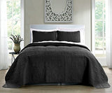 Pure Bedding Quilt Set Full/Queen Size Black - Oversized Bedspread - Soft Microfiber Lightweight Coverlet for All Season - 3 Piece Includes 1 Quilt and 2 Shams, Geometric Pattern Pure Bedding