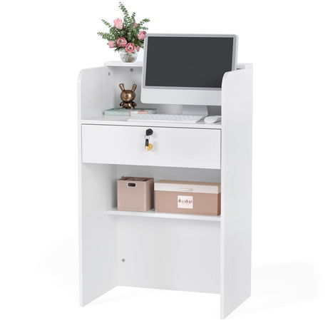 OmySalon Reception Desk with Counter, Small Front Desk w/Lockable Drawer, Wooden Modern Reception Table for Salon Lobby Office Home (White, 24) OmySalon