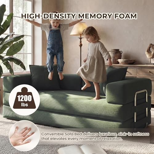 GRUSIGN 78 Inch Convertible Sofa Bed, 5-in-1 Futon Sofa Bed Pull Out Couch, Boneless Couch Bed for Living Room, Corduroy Boneless Couches for Bedroom, Apartment, No Assembly Sleeper Sofa Bed, Green GRUSIGN