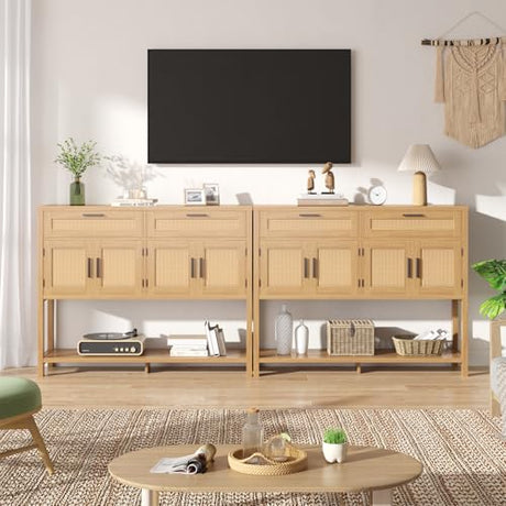 FiveWillowise Buffet Sideboard Cabinet with Open Storage, Boho Storage Cabinet with Rattan Doors and Drawers, Rattan Console Table Coffee Bar Buffet Table for Entryway, Kitchen, Living Room FiveWillowise
