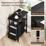Vagusicc Set of 2 Black Nightstand with Charging Station and LED Lights, Narrow Side Table, LED Night Stand with 2 Fabric Drawers, Bedside Table Small End Table, Tall Nightstand for Bedroom, Black Vagusicc