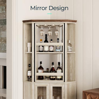 LINSY HOME Corner Bar Cabinet, 68.5" Tall Farmhouse Wine Cabinet with Rotating Liquor Shelves, Home Bar Cabinet with Barn Door & Adjustable Shelves for Dining Room, Living Room, Kitchen, Washed Gray