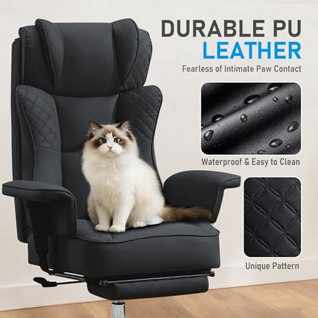 OwgeinSet Big and Tall Office Chair, Ergonomic Leather Reclining Chair with Footrest, High-Back Comfy Executive Computer Desk Chairs with Lumbar Support, Wide Seat, 400LBS (Black) OwgeinSet