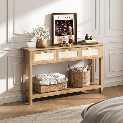ELYKEN 51.2" Entryway Table with 3 Rattan Drawers, Boho Console Table Narrow with Storage, Long Sofa Table for Behind Couch Entry Hallway, Entrance, Living Room, Oak Brown ELYKEN