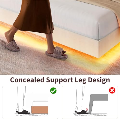 Garvee King Size Floating Bed Frame with RGB LED Lights and Charging Station, Upholstered Platform Bed with Storage Headboard and Button Tufted Design, No Box Spring Needed, Beige Garvee