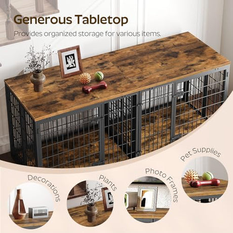 YATINEY Foldable Dog Crate Furniture for 2 Dogs, 63'' Double Dog Kennel Indoor with Removable Divider, Heavy Duty Dog Cage, for Small/Medium/Large Dog, TV Stand, Rustic Brown DC160BR YATINEY
