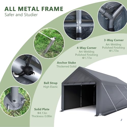 10x20 FT Heavy Duty Carport Car Tent Car Canopy Storage Shed,Portable Garage Party Tent,Portable Garage with Removable Sidewalls & Doors All-Season Tarp for Car,Truck,SUV,Party (Grey) GREZJXC