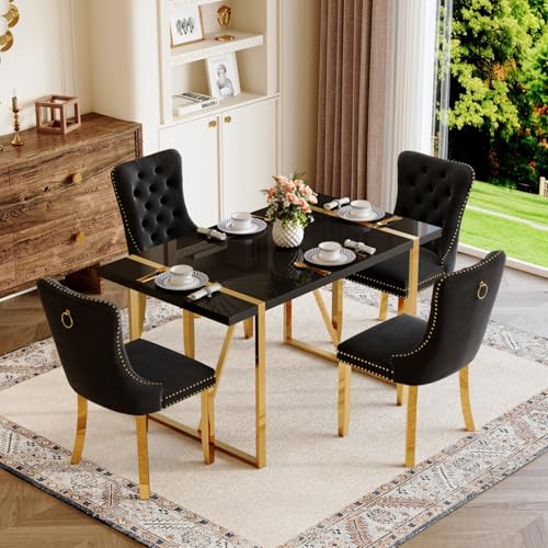 Black Dining Table Set for 4, 55" Black Glossy Top with Gold Metal Legs, Modern Dining Table Set for 4 & Velvet Tufted Chair with Nailhead Trim, Luxry Kitchen Table Set Ideal for Dining Room,APT Iopirbu