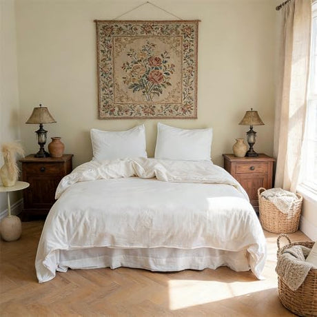 BISELINA French Linen Duvet Cover Set 3pcs with Hidden Zipper Closure Natural Flax Cotton Blend Solid Color Soft Breathable Luxury Farmhouse Bedding -Full Size, White BISELINA