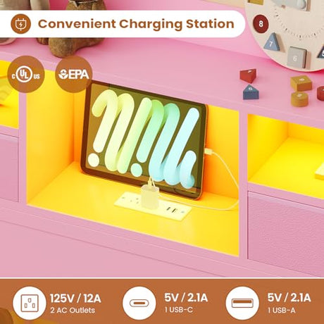 BTHFST Twin Bed Frame with Storage Headboard & Charging Station, LED Bed Frame Twin with 5 Shelves & Under Bed Storage, Platform Bed Frames for Kids, No Box Spring Needed, Pink BTHFST