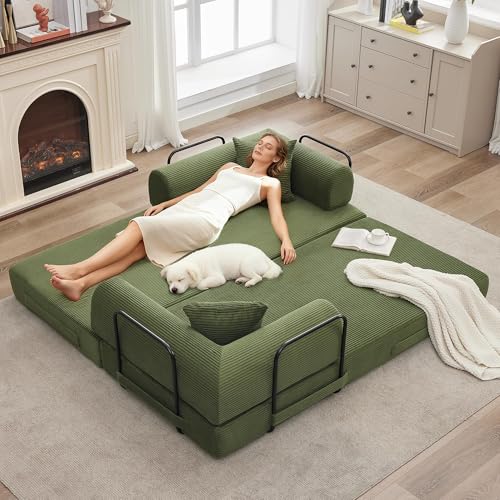 IDEALHOUSE 4 in 1 Convertible Sleeper Sofa Bed Couch, 79 Inch Boneless Corduroy Floor Couch with Pillows, No Assembly, Modern Deep Seat Sofa Futon Mattress for Living Room,Apartment,Green IDEALHOUSE