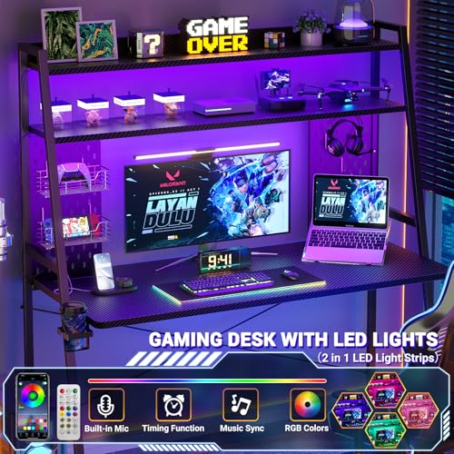 Besiost Gaming Desk with Hutch and LED Lights, Gaming Computer Desk with Power Outlets, Gamer Desk with Storage Shelves, PC Game Desks with Pegboards, for Bedroom, Carbon Fiber Black, 49" Besiost