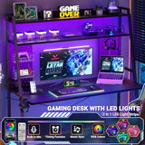 Besiost Gaming Desk with Hutch and LED Lights, Gaming Computer Desk with Power Outlets, Gamer Desk with Storage Shelves, PC Game Desks with Pegboards, for Bedroom, Carbon Fiber Black, 49" Besiost