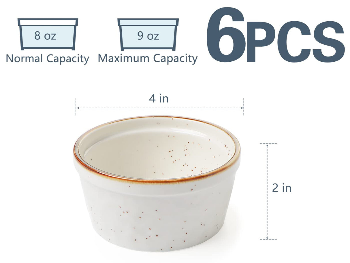 ONEMORE 8 oz Ramekins Oven Safe, Ceramic Small Ramekins with Brown Rim for Baking, Speckled Cute Ramekins for Creme Brulee, Sauces, Desserts & Ice Cream, Individual Custard/Pudding Cups Set of 6 ONEMORE