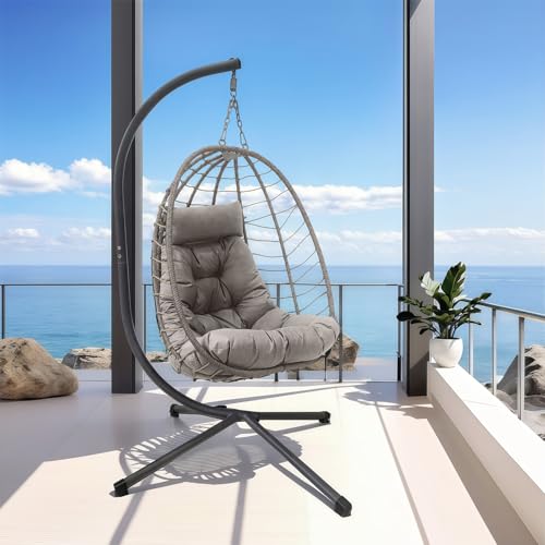 XLRUISEN Hanging Egg Chair with Stand, Outdoor Indoor Rattan Wicker Swing Chair, Foldable Patio Hammock with Cushion, Dark Grey, 350 LBS Capacity (Light Grey) XLRUISEN