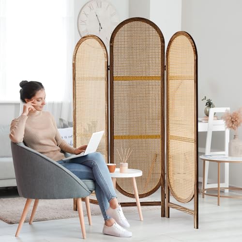 Aletheiawu 5.9 Ft Tall Hand-Woven Rattan Room Divider 3 Panels, Wood Room Divider Panel, Folding Screen Divider Wall, Wall Divider for Room Separation, Folding Privacy Screen, Home Office Brown Aletheiawu