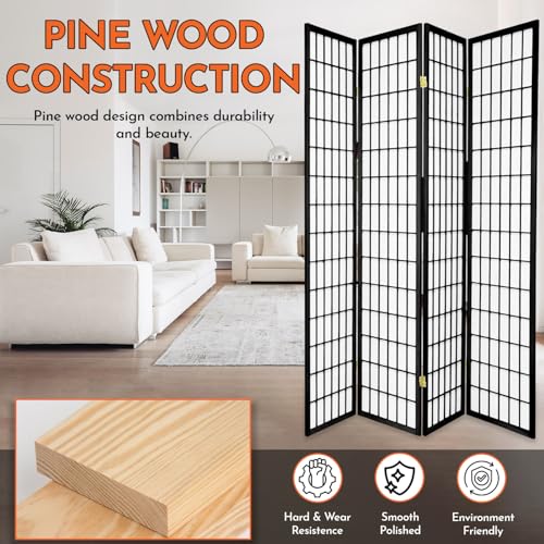 Legacy Decor 4-Panel Shoji Room Divider, Black, Real Wood Grid, Translucent Privacy Panels, 70″ W × 71″ H, Folding Screen Legacy Decor