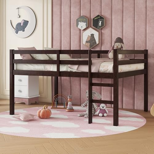 Full Loft Bed with Ladder,Rubber Wood Kids Bed with Guardrails,Low-Profile Lofts for Children’s Room,Space-Saving Underbed Storage,Sturdy Construction,Minimalist Design for Bedroom, Espresso GDFStudio