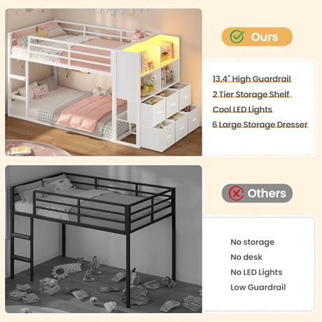 BTHFST Bunk Bed Twin Over Twin with 6 Large Fabric Drawers & 4 Wooden Storage Bookshelf Organizer, Metal Low Bunk Bed for Kids with LED Lights & Safety Ladder and Guardrail, Space Saving BTHFST