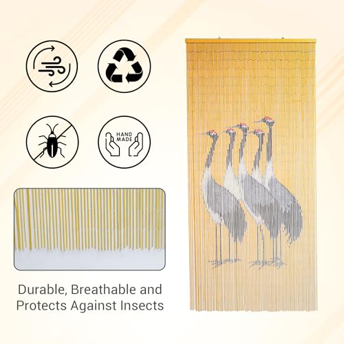 Vietbud Décor Five Cranes Beaded Curtains for Doorways, Decorative Room Divider with Painted Cranes, Natural Vietnamese Craft, Indoor Hanging Bamboo Blinds, Sturdy Hook, 35.43 x 78.74 Inches VIETBUD DECOR