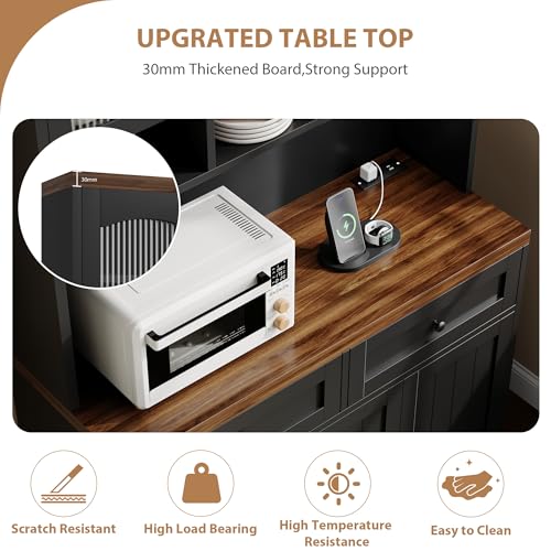 GarveeHome Pantry Cabinet with Charging Station, Tall Kitchen Pantry Storage Cabinet with Hutch,70.8 Inch Kitchen Cabinet with 30mm Thickened Countertop, Fluted Glass Doors, for Dining Room, Balck GarveeHome