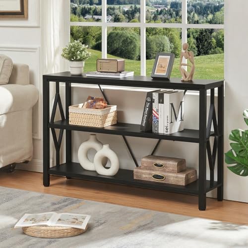 HOMISSUE Sofa Console Table, Rustic Console Table with 3-Tier Storage, Engineered Wood Sofa Tables with Open Shelves, Heavy Duty Entryway Tables for Living Room, Hallway (47 Inch, Black) HOMISSUE