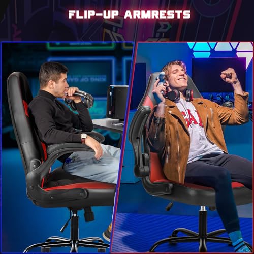 DUMOS Ergonomic Computer Gaming Chair with Flip-up Armrest, Height Adjustable PU Leather Home Office Desk Chair with Lumbar Support Swivel Wheels and for Adults and Kids, Scarlet Red DUMOS