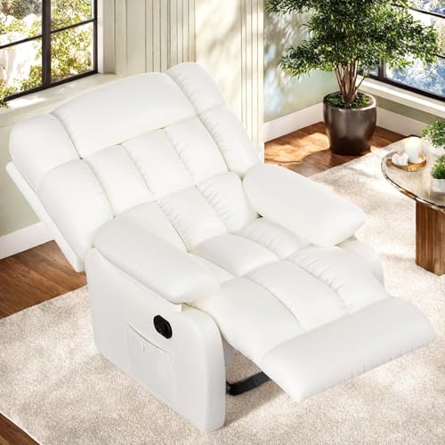 Trygoal Oversized Recliner Chair, Leather Recliner Adjustable with Side Pockets, Living Room Reclining Lounge Chair for Adults, Small Spaces Comfy Sofa with Theater Seating for Bedroom, Movie,White