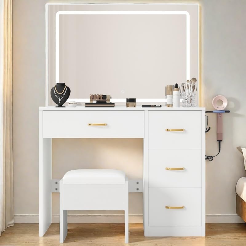 YITAHOME Vanity Desk with Large 35" Mirror and LED Lights, Makeup Vanity Set with 4 Drawers and Power Strip, Vanity Chair, Dressing Table with Ample Storage, Bedroom Furniture for Women, Pearl White