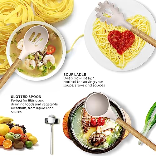 Silicone Cooking Utensils Set - 446°F Heat Resistant Silicone Kitchen Utensils for Cooking,Kitchen Utensil Spatula Set w Wooden Handles and Holder, BPA FREE Gadgets for Non-Stick Cookware (Khaki) oannao