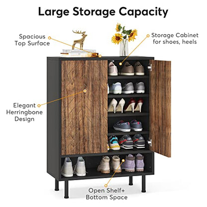 LITTLE TREE Shoe Cabinet with Doors, 6-Tier Modern Shoe Storage Cabinet with Adjustable Shelves, Wooden Free Standing Shoe Storage for Entryway, Hallway, Closet