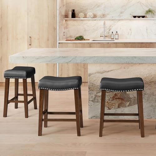 Larksperal 26" Backless Bar Stools Set of 2 - Counter Height Barstools with Faux Leather Upholstered Saddle Seat, Modern Wood Backless Bar Stools for Kitchen Island, Black - WoodArtSupply