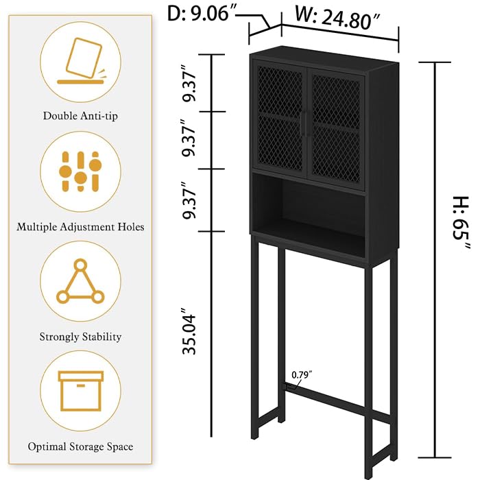 Launica Bathroom Organizer Over Toilet, Wood Metal Bathroom Over The Toilet Storage, Industrial Bathroom Space Saver Shelf Over Toilet, Freestanding Bathroom Cabinet Above Toilet wtih Rack, Black Oak