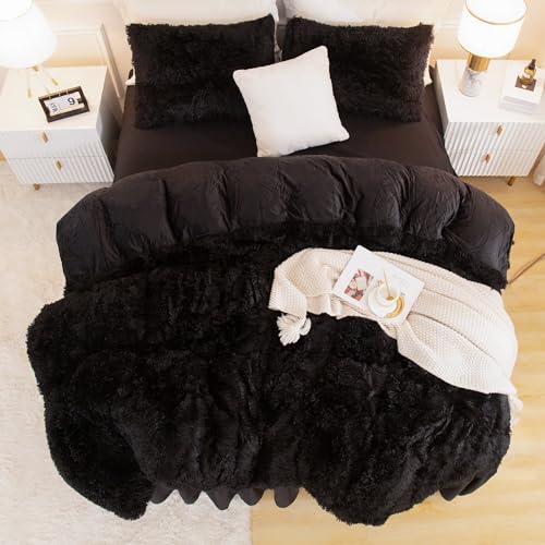 Andency King Size Comforter Set Black, Fluffy Winter Faux Fur Warm Soft Plush Bedding Comforter Set (1 Velvet Comforter & 2 Pillowcases), Fuzzy Thick Heavy Puffy Comforters Bed Set Andency