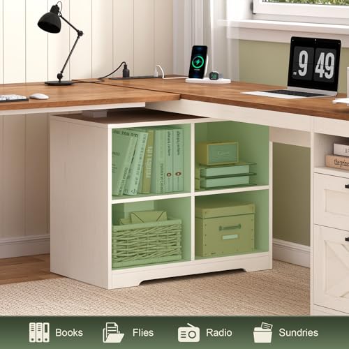 YOMILUVE Farmhouse L Shaped Standing Desk, 66 inch Corner Electric Standing Desk with Drawers ＆ Storage Shelves, Height Adjustable Computer Desk with Power Outlets for Home Office, Antique White YOMILUVE