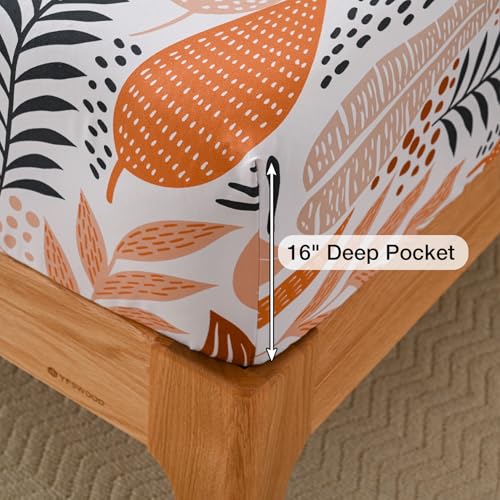 Yibeizi Boho Leaves Printed Sheet Set Queen, Botanical Pattern Bed Sheets Microfiber Bedding Sheets & Pillowcases Soft 15" Extra Deep Pocket Fitted Bedsheet 4 Piece Yibeizi