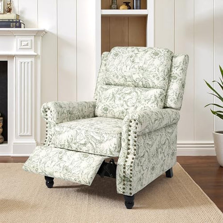 Pushback Recliner Chair, Comfy Fabric Wingback Recliner Chair, Upholstered Armchair Push Back Recliner with Wood Legs, Rivet Trim Single Sofa Accent Chair for Living Room, Bedroom, Rococo Green Qatiby