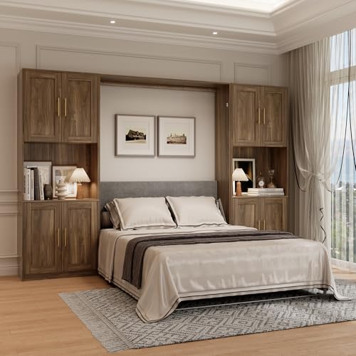 Jiaoun Queen Murphy Bed,Farmhouse Guest Beds,Folding Wall Bed with Hydraulic Bar,64" W Twin Murphy Beds with 2 Cabinet for Small Spaces/Offices/Apartments/Guest Room,Brown Jiaoun