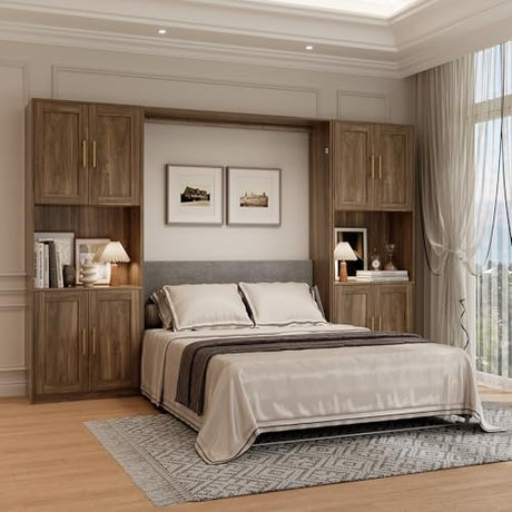 Jiaoun Queen Murphy Bed,Farmhouse Guest Beds,Folding Wall Bed with Hydraulic Bar,64" W Twin Murphy Beds with 2 Cabinet for Small Spaces/Offices/Apartments/Guest Room,Brown Jiaoun