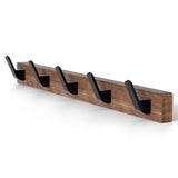 IURRDOP Black Walnut Wood Wall Mount Coat Rack with 5 Hooks, Adhesive Mounted Rustic Decorative Entryway Hooks, Mid Century Modern Natural Wooden Pegs for Hanging Coat Clothes Hat Bag Purse and Towel IURRDOP