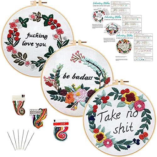 Louise Maelys Embroidery Starter Kit with 3 Hoops for Adults Funny Floral Wreath Pattern for Beginners Needlepoint Kits