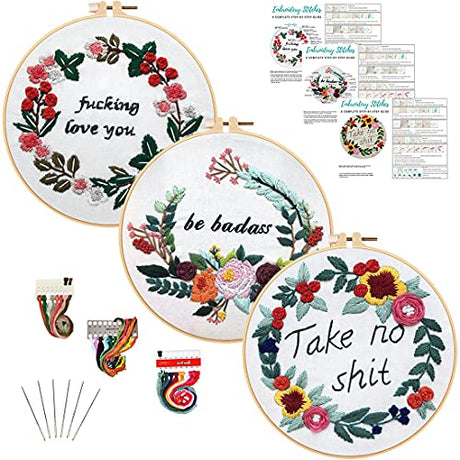 Louise Maelys Embroidery Starter Kit with 3 Hoops for Adults Funny Floral Wreath Pattern for Beginners Needlepoint Kits Louise Maelys