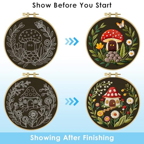 ERKOON Embroidery Kit for Beginners, 2 Set Flower Cross Stitch Set Include Embroidery Cloth Hoops Threads for Craft Lover Hand Stitch with Embroidery Skill Techniques (Mushroom) ERKOON