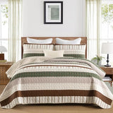DJY Striped Quilt Set Twin Size, Boho Brown Green Striped Bedspread Coverlet Set Soft Microfiber Patchwork Quilt Bedding Set 3 Pieces for All Season(86"x68") DJY